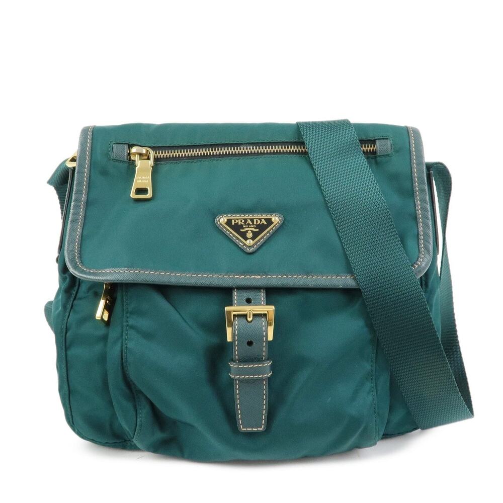 Prada Triangle Logo Nylon Saffiano Leather Crossbody Bag Green